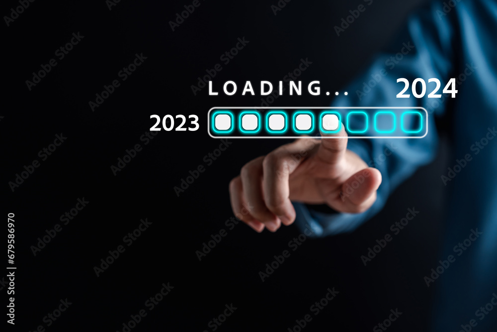 Poster Loading progress from 2023 to 2024 to countdown merry christmas and happy new year, Planning and challenge strategy in new year 2024 Concept.