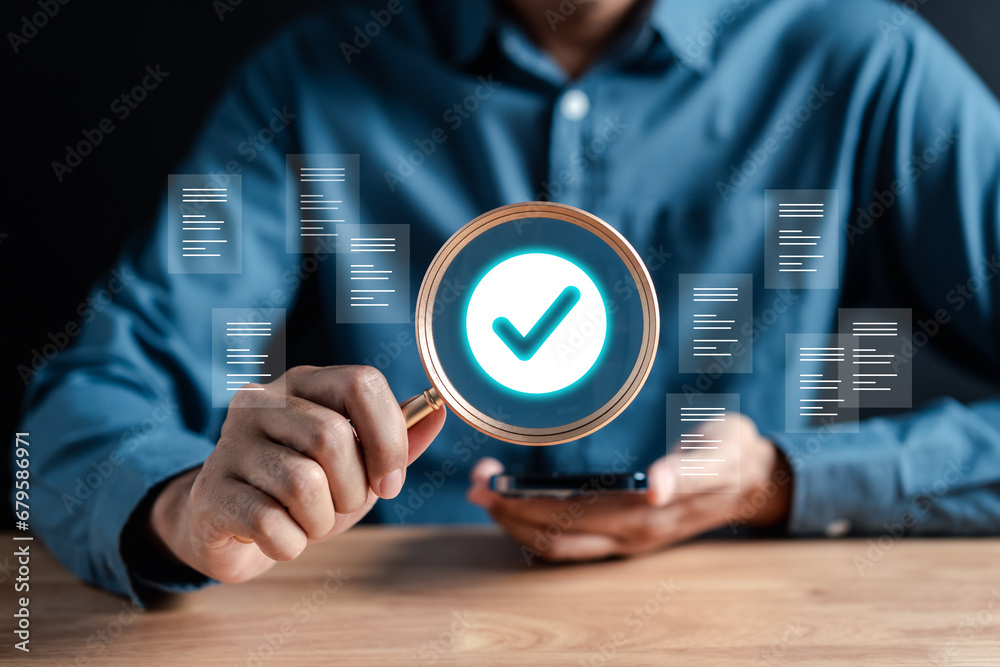 Aufkleber Quality Certificate and Checklist document analyst target marketing planning assignment with quality management. Standardization, certification. Compliance to regulations service and standards.