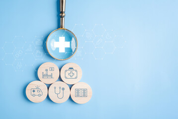 Health insurance concept. people magnifier holding plus and healthcare medical icon, health and...