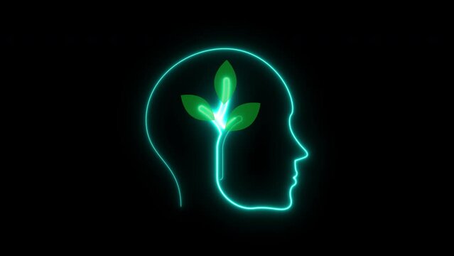 Neon growing tree icon in illustration human head. Line art and icon concept about ESG, ego friendly or green energy concept. Able use graphic isolated transparent background.