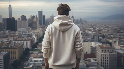 A man wearing white hoodie/upper/shirt with beautiful city background, Blank White hoodie/Shirt...