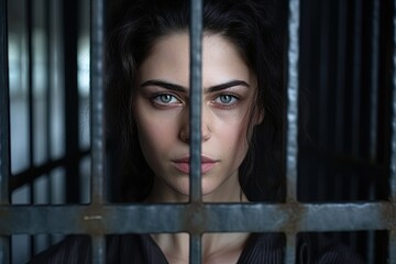 Woman behind bars. Imprisioned girl. Ai Generative