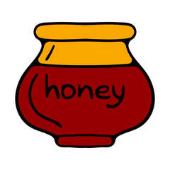 Cartoon honey pots. Glass pots and wooden spoon with dripping liquid honey isolated vector illustration set. Transparent honey jars