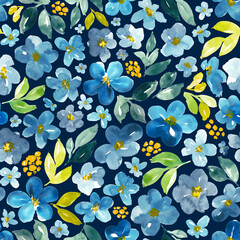 Watercolor floral in blue, green, orange and navy. Seamless hand-painted botanical pattern.  - 679587761