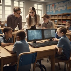 Teacher with pupils using laptop In classroom - obrazy, fototapety, plakaty