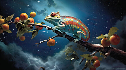 Fototapeta premium Gravity-defying chameleons exploring a universe where every star is a fruit AI generative