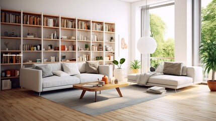 Interior of modern living room with white walls, wooden floor, comfortable white sofa and bookcase. 3d rendering - obrazy, fototapety, plakaty
