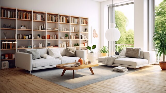 Interior of modern living room with white walls, wooden floor, comfortable white sofa and bookcase. 3d rendering