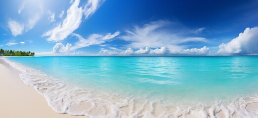 Fototapeta na wymiar Generative AI image of a Beautiful sandy beach with white sand and rolling calm wave of turquoise ocean on Sunny day on background white clouds in blue sky. Island in Maldives