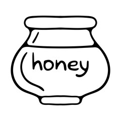 Cartoon honey pots. Glass pots and wooden spoon with dripping liquid honey isolated vector illustration set. Transparent honey jars