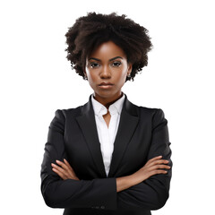 Generative AI image of a Business woman portrait isolated on white background, Afro businesswoman in suit, crossed arms,