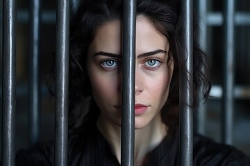 Woman behind bars. Imprisioned girl. Ai Generative - obrazy, fototapety, plakaty