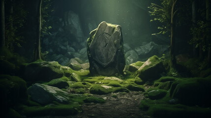 Big stone monolith on a hill among the mountains. Rune magic ritual stone in the mountains. Fabulous landscape of mountains - obrazy, fototapety, plakaty