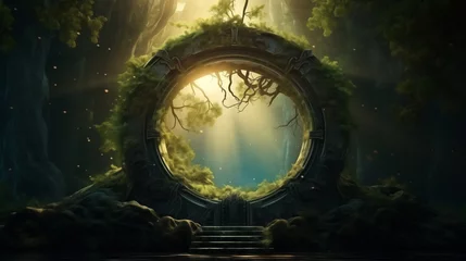 Foto op Plexiglas Round stone portal gate in the forest, an abandoned temple. Path made of stones in the forest, gateway in jungle © Mars0hod