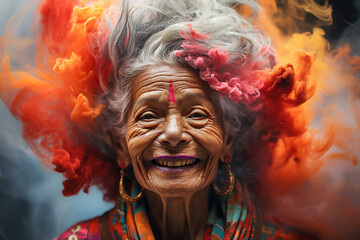 Old lady celebrating holi festival with colorful powder around - obrazy, fototapety, plakaty