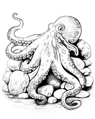 Big octopus underwater to color in and relax. Edited AI illustration.