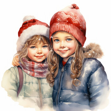 Two sisters cuddled in winter cloth, sharing a tender moment on a white background