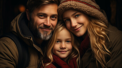 Fototapeta premium a illustration of a family of a man with a girl in a forest with a backpack and a boy