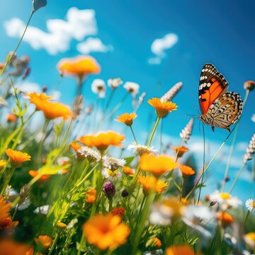 Beautiful field meadow flowers and fluttering painted lady butterflies on sunny day. Orange lantana flowers against blue sky on sunny day. morning green grass in sunlight, landscape, close-up. Delight © Julia