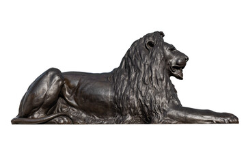 One of the four lions in Trafalgar Square, surrounding Nelson's Column, are commonly known as the ‘Landseer Lions’  isolated on white background - obrazy, fototapety, plakaty