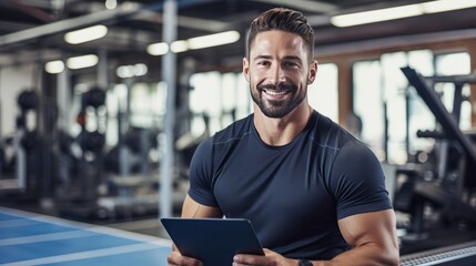 Portrait of a male personal trainer holding tablet and smiling at the camera in a gym. 