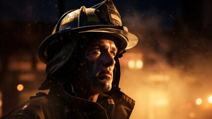 Fototapeta na wymiar Firefighter with helmet portrait on dark backgraund. Proffesion concept