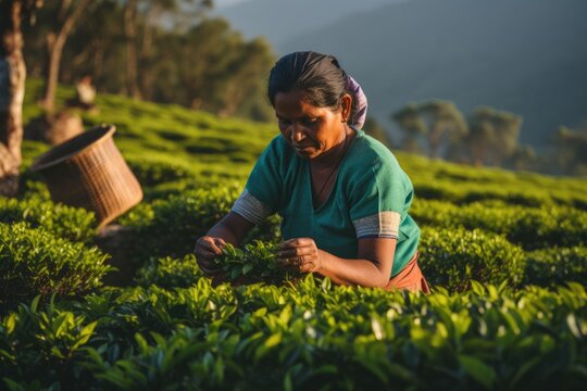 Farmers collecting tea at tea plantation. AI Generated