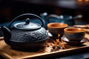 Foto op Aluminium Chinese iron tea pot sitting on top of a wooden tray © Friedbert