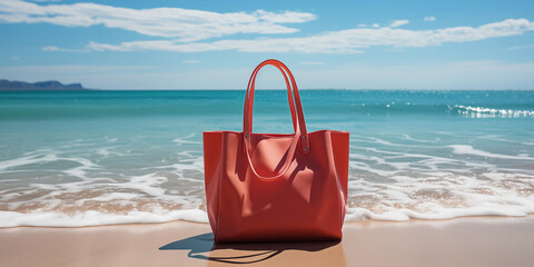 Schicke moderne rote Strand Shopping Handtasche im modernen Stil und Design im Querformat, ai generativ