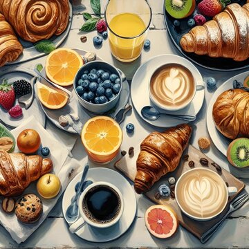 AI illustration of a painting of a table with a variety of brunch dishes.