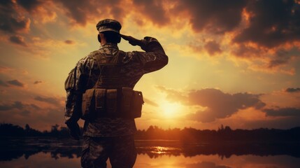 Silhouette Of A Solider Saluting Against the Sunrise. Concept - protection, patriotism, honor. 
