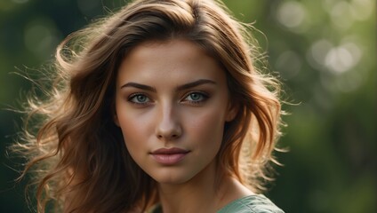 Naklejka premium portrait of a young woman with green eyes, well-groomed skin and hair blowing in the wind