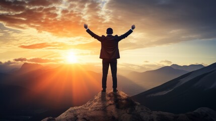 Silhouette of businessman celebrating raising arms on the top of mountain with over blue sky and sunlight.concept of leadership successful achievement with goal,growth,up,win and objective target. 