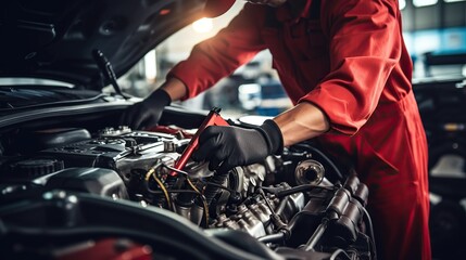 Auto mechanic working on car engine in auto repair shop. Car service and maintenance concept.