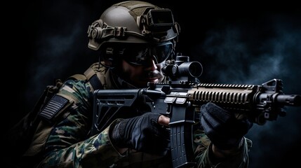 Fototapeta na wymiar Special forces soldier with rifle on black background 