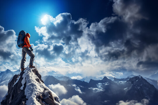 Generative image of a climber wearing professional mountaineering attire is struggling to climb to the top of the mountain, close-up shot, sunny, blue sky and white clouds