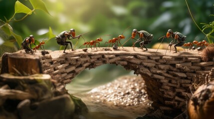 team of ants constructing wooden house with matches  - obrazy, fototapety, plakaty