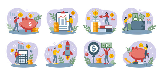 Financial growth. Business management. Startup success. Money icons. Finance profit. Cash increase chart. Coins and banknotes. Successful businessman. Earn and rise economy. Vector tidy concepts set