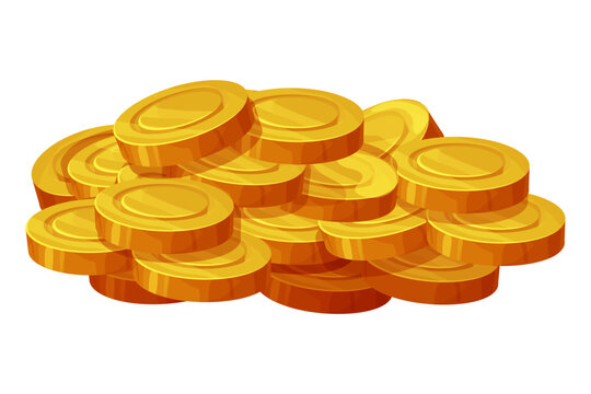 Gold coins pile, treasure, money game asset adventure or pirates in cartoon style, shiny money heap isolated on white background.