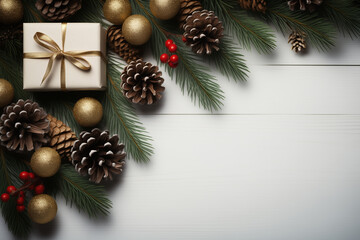 Fototapeta na wymiar Christmas fir tree branches, gifts, pine cones on wooden rustic background. banner