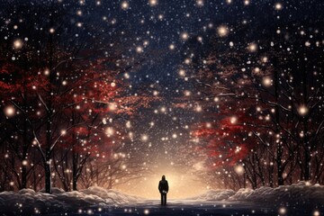 Fototapeta na wymiar A magical snowfall that turns into sparkling stars upon touching the ground.