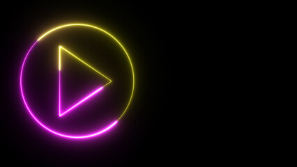 colorful play button on black background. Start button. Neon glowing play button. Neon glowing play button with neon circle.
