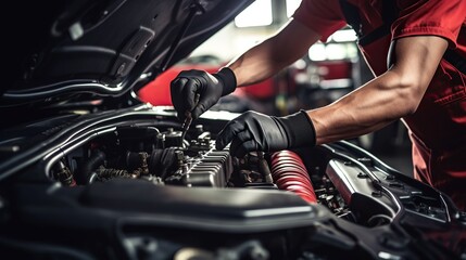 Auto mechanic working on car engine in auto repair shop. Car service and maintenance concept.