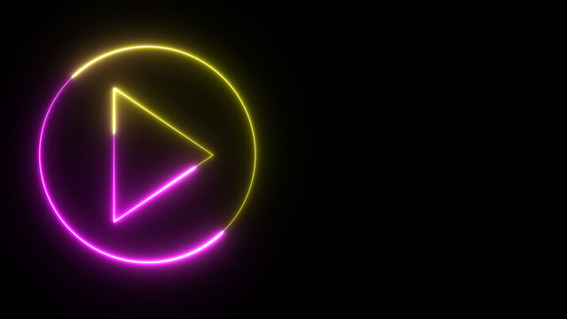 colorful play button on black background. Start button. Neon glowing play button. Neon glowing play button with neon circle.