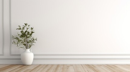 Fototapeta na wymiar White classic wall background, brown parquet floor, home furniture detail, frame and vase of plant. 