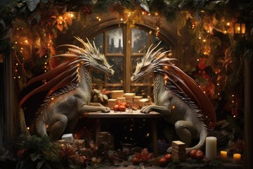 Festive dragons decorating their lair with tinsel and lights. - obrazy, fototapety, plakaty