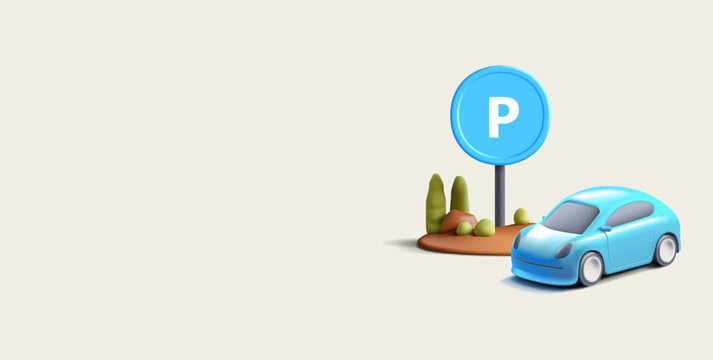 Parking sign with landscape element and blue car. 3D. Banner for web design of urban and rural parking lots. Vector