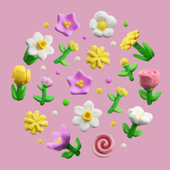 Flowers, circle composition, plasticine art, realistic 3D vector