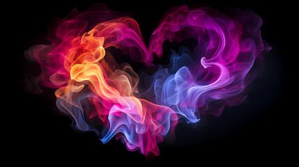 Obraz premium Heart Shaped Colorful Powder Background. Abstract freeze motion dust cloud. Particles explosion screen saver, wallpaper with smoke. Love romantic concept for Valentines day.