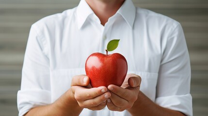 hands with heart-shaped apple, health and well-being